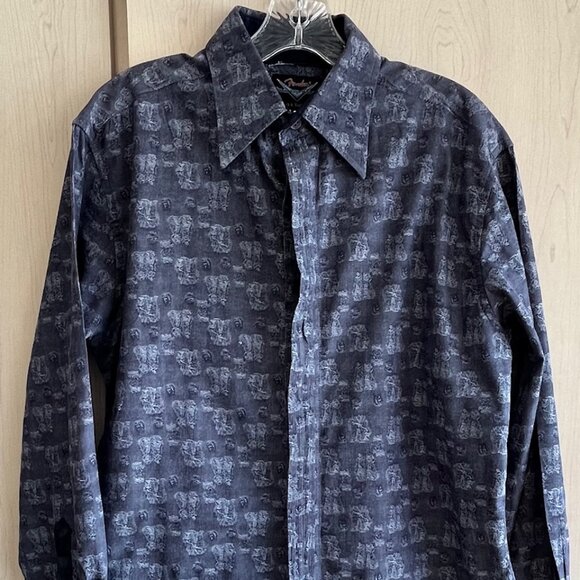 FENDER Custom Shop Rock And Roll Religion Mens Small Cotton Shirt Blue Geometric - Picture 1 of 10